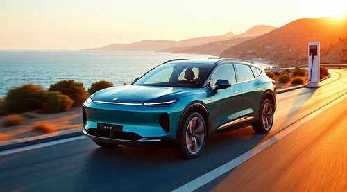 Türkiye'de sahil yolunda giden modern bir elektrikli SUV
