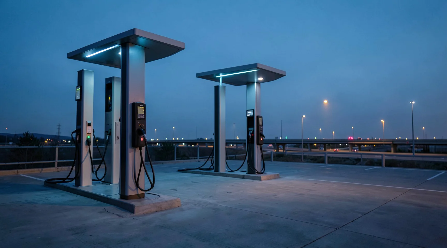Akşam ışığında hızlı şarj istasyonunda kabloları bağlı elektrikli araç şarj üniteleri
