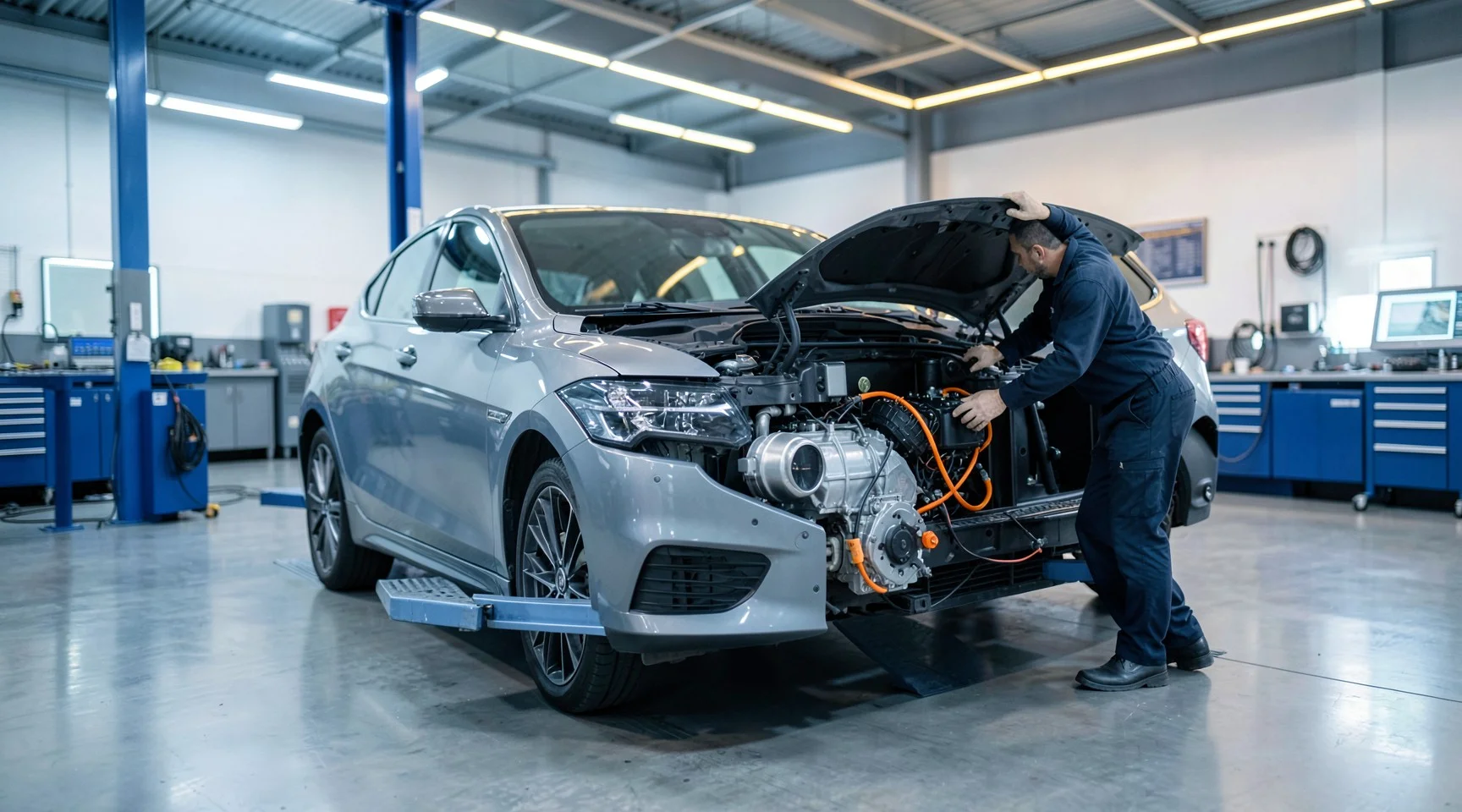Servis asansöründe ön bagajı açık elektrikli otomobili inceleyen teknisyen