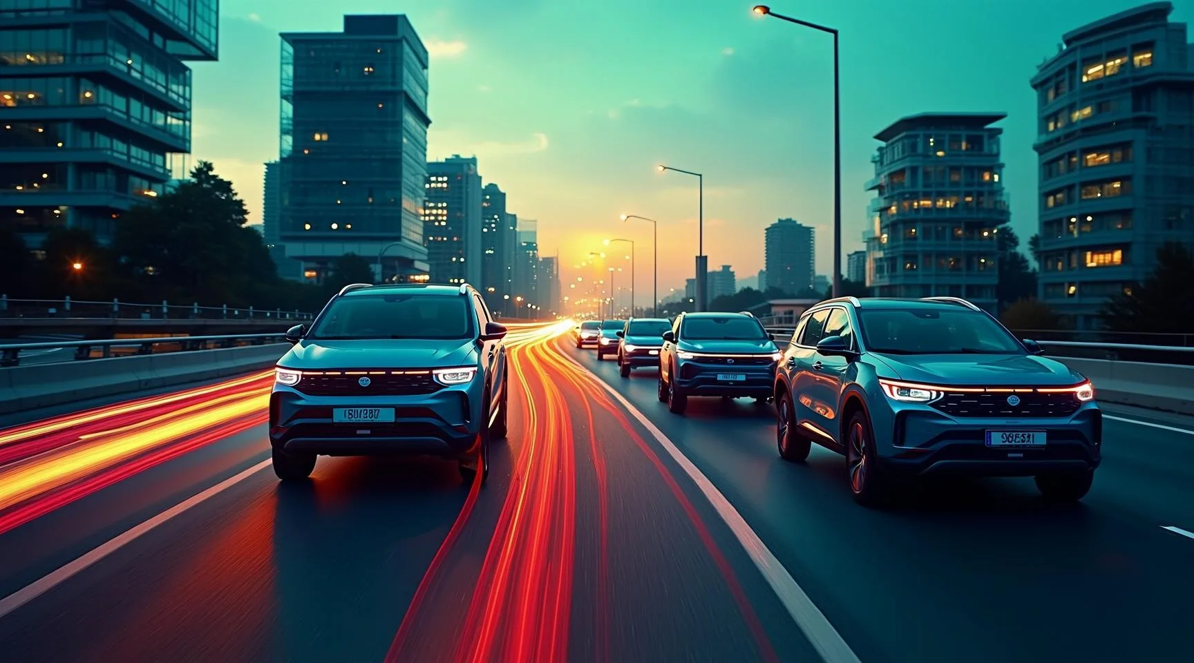 في تركيا، حركة المرور المتكوّنة من موديلات سيارات الدفع الرباعي الكهربائية (SUV) التي تسير على الطريق السريع في ساعات المساء